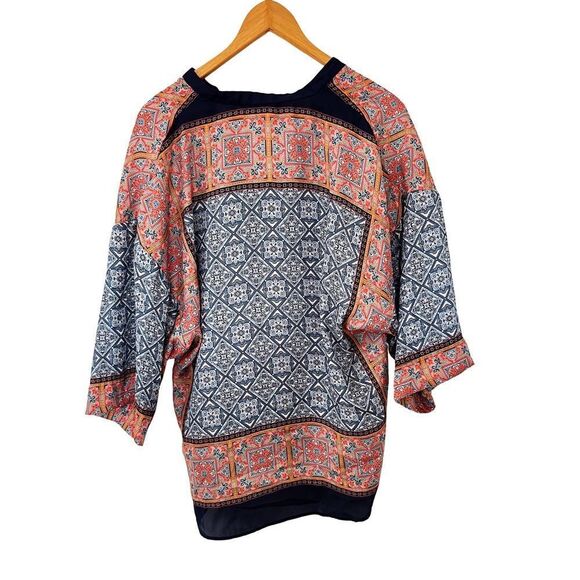 Zara Multicolor Print 3/4 Kimono Sleeve Oversized Boho Vneck Tunic Blouse - Picture 4 of 11